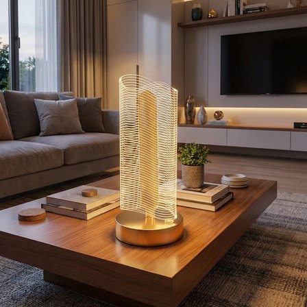 Dalgalı Silindirik Kristal Çizgili Model LED Masa Lambası – Gold Tabanlı, Dokunmatik, 3 Renk Işık Mo