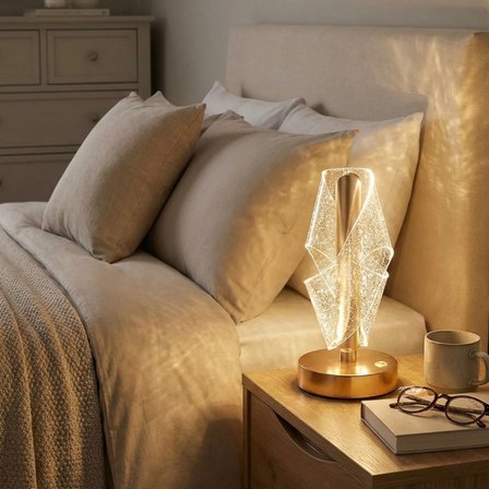 Çapraz Kavisli Ters Kristal Simli LED Masa Lambası – Gold Gövdeli, Dokunmatik, 3 Kademe Işık Ayarlı 