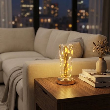 Silindirik Kristal Altın Toz Model LED Masa Lambası – Gold Tabanlı, Dokunmatik, 3 Renk Işık Modlu, Ş