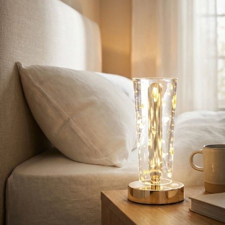 Silindirik Kristal Altın Toz Model LED Masa Lambası – Gold Tabanlı, Dokunmatik, 3 Renk Işık Modlu, Ş