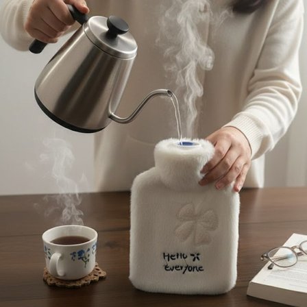 Hello Everyone Yazılı Kurdeleli Beyaz Peluş Sıcak Su Torbası 1 Lt – Yumuşak Kılıf, Uzun Süre Sıcak T