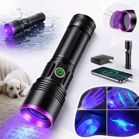 365nm UV Siyah Işık El Feneri – 20W Güçlü LED, Type-C Şarjlı, IP65 Dayanıklı Gövde