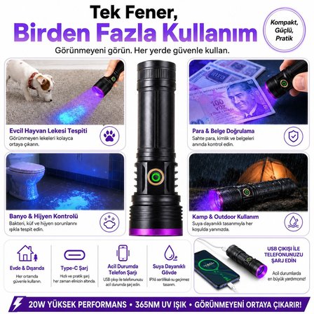 365nm UV Siyah Işık El Feneri – 20W Güçlü LED, Type-C Şarjlı, IP65 Dayanıklı Gövde