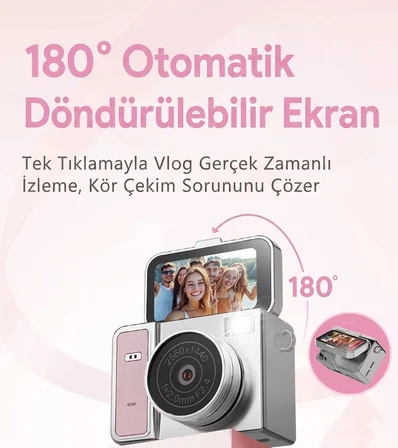 2k Mini Dijital Retro Video Kamera Flaşlı Dijital Vlog Mini Fotoğraf Makinesi Türkçe Menü Pembe
