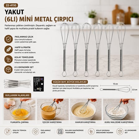 6PCS MİNİ=13CM Metal Çırpıcı