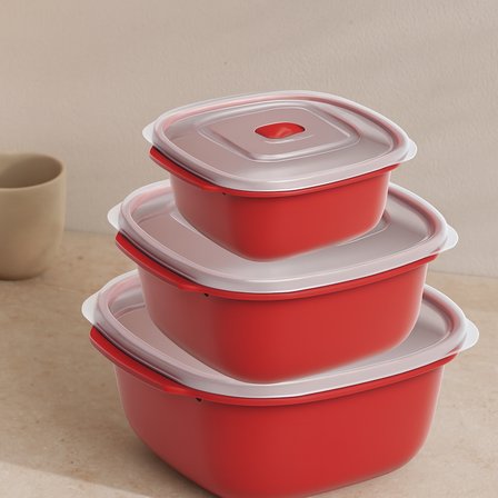 Kırmızı Kare Saklama Kabı Seti 3'lü (550/1100/2200 ml)