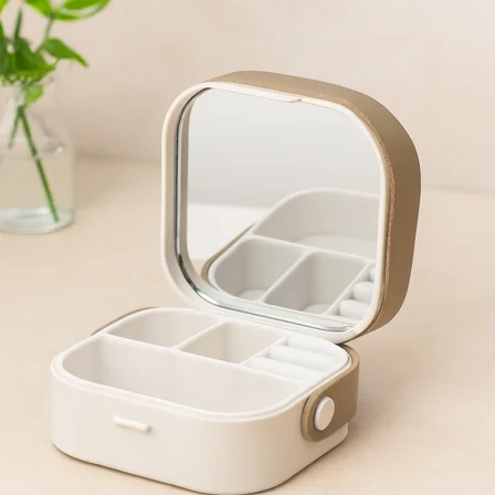 Aynalı Makyaj ve Takı Organizer Çanta 9x9x3.7 cm - 4 Bölmeli