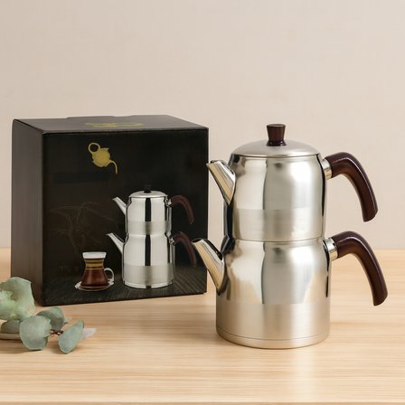 Çelik Mini Çaydanlık Seti - Çift Kapaklı 1L/1.5L Kendinden Süzgeçli