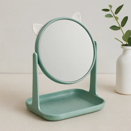 Yuvarlak 15 cm Plastik Makyaj Aynası (Kulaklı, Sepetli)