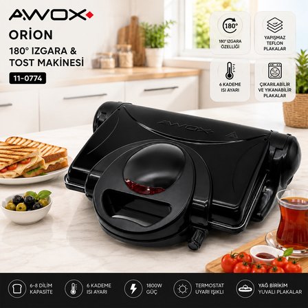 Awox Orion Siyah Toaster 8 Dilim Tost Makinesi - 180° Izgara 1800W