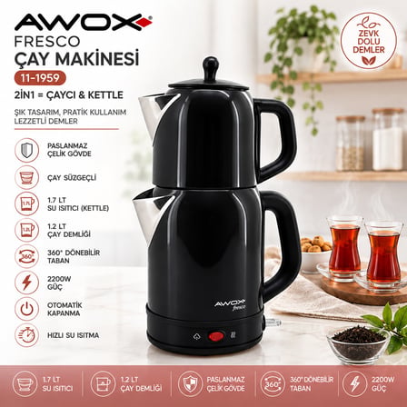 Awox Fresco Siyah Elektrikli Çay Makinesi Çaycı Set 1.7LT Su Isıtıcı + 1.2LT Demlik Paslanmaz Çelik 