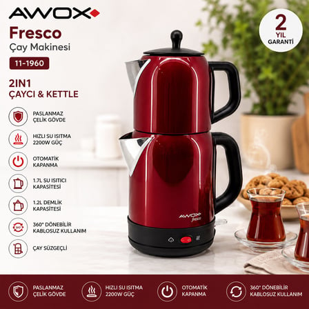 Awox Fresco Kırmızı Elektrikli Çay Makinesi Çaycı Set 1.7LT Su Isıtıcı + 1.2LT Demlik Paslanmaz Çeli