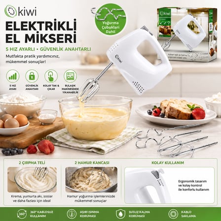 Kiwi KMX-3608 Elektrikli El Mikseri 2PCS Metal Çırpma Aparatı - 2PCS Hamur Kancası 5 Kademe Hız Çırp