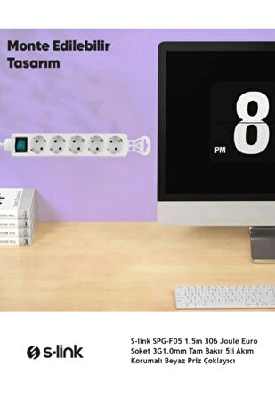 1.5mt 5'li Akım Korumalı Priz Kablolu Beyaz On/Off Tuşlu Priz Çoklayıcı