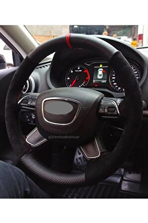 Audi A4 Uyumlu Dikmeli Direksiyon Kılıfı Alkantara Karbon Kırmızı Yüzüklü