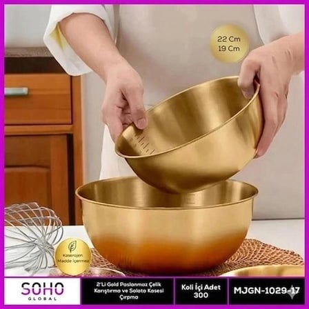 2'Li Gold Paslanmaz Çelik Karıştırma Ve Salatalık Kase Ev Hediyesi Çeyiz Ürünü Mutfak Aksesuarı