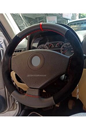 Fiat Panda Uyumlu Dikmeli Direksiyon Kılıfı Alkantara Karbon Kırmızı Yüzüklü