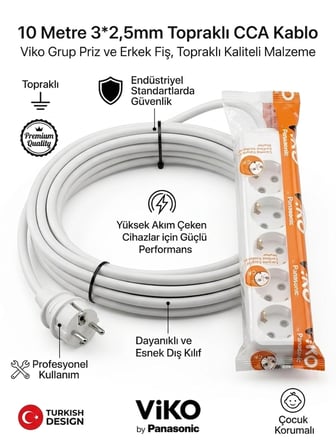 Viko Grup Priz Uzatma Kablosu 10 Metre Beyaz 5'li 3x2.5 mm CCA Topraklı Çocuk Korumalı
