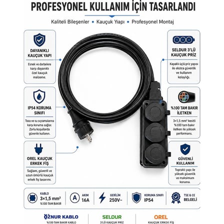 Öznur Kablo Seyyar Uzatma Kablosu 25 Metre 3x1,5 mm Tam Bakır Seldur 3'lü Grup Priz Orel Kauçuk Fiş IP54