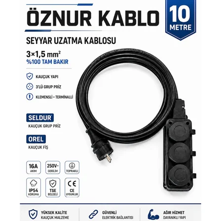 Öznur Kablo Seyyar Uzatma Kablosu 10 Metre | Ttr 3x1,5 mm %100 Tam Bakır Kablo | Seldur 3'lü Kauçuk Grup Priz | Orel Kauçuk Fiş | IP54 IP44