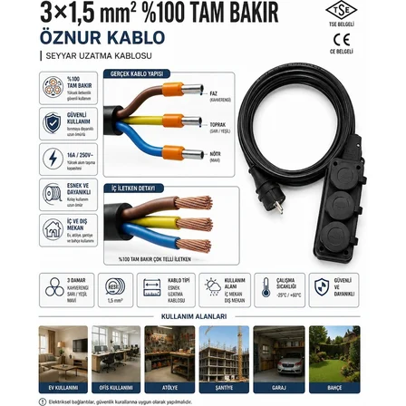 Öznur Kablo Seyyar Uzatma Kablosu 10 Metre | Ttr 3x1,5 mm %100 Tam Bakır Kablo | Seldur 3'lü Kauçuk Grup Priz | Orel Kauçuk Fiş | IP54 IP44