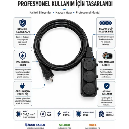 Öznur Kablo Seyyar Uzatma Kablosu 5 Metre | Ttr 3x1,5 mm %100 Tam Bakır Kablo | Seldur 3'lü Kauçuk Grup Priz | Orel Kauçuk Fiş | IP54 IP44