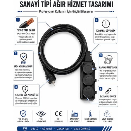 Ünal Kablo Sanayi Tipi Ağır Hizmet Uzatma Kablosu 25 Metre 3x2.5 mm %100 Tam Bakır Siyah 3'lü Grup Priz