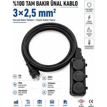 Ünal Kablo Sanayi Tipi Ağır Hizmet Uzatma Kablosu 25 Metre 3x2.5 mm %100 Tam Bakır Siyah 3'lü Grup Priz