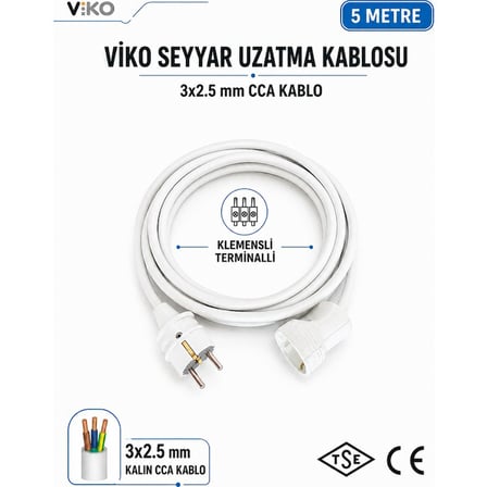 Viko Seyyar Uzatma Kablosu Beyaz 5 Metre 3x2.5 mm CCA Kablo Topraklı