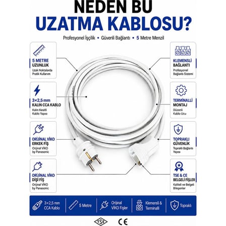 Viko Seyyar Uzatma Kablosu Beyaz 5 Metre 3x2.5 mm CCA Kablo Topraklı