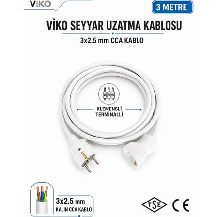 Viko Seyyar Uzatma Kablosu 3 Metre 3x2.5 mm CCA Beyaz