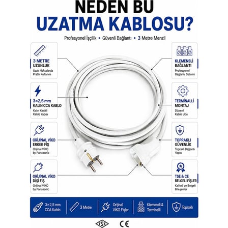 Viko Seyyar Uzatma Kablosu 3 Metre 3x2.5 mm CCA Beyaz