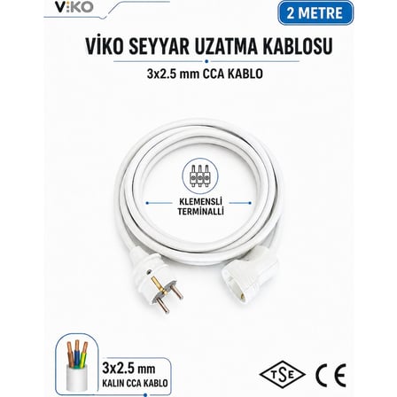 Viko Seyyar Uzatma Kablosu 2 Metre 3x2.5 mm CCA Kablo Beyaz Topraklı