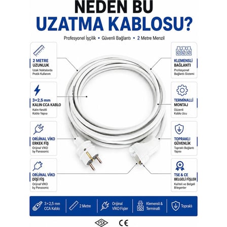 Viko Seyyar Uzatma Kablosu 2 Metre 3x2.5 mm CCA Kablo Beyaz Topraklı