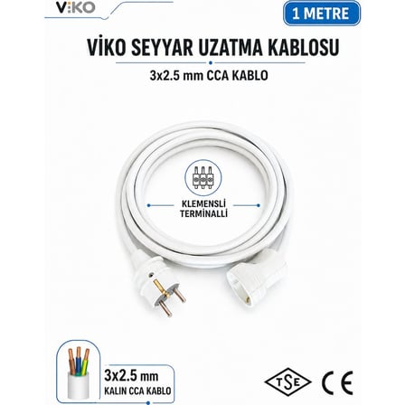 Viko Seyyar Uzatma Kablosu 1 Metre 3x2.5 mm Cca Kablo | Orijinal Viko Erkek Dişi Fiş | Klemensli Terminalli | Topraklı | Tse Ce Belgeli