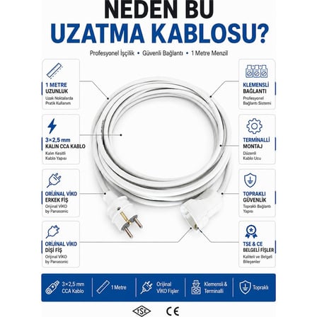 Viko Seyyar Uzatma Kablosu 1 Metre 3x2.5 mm Cca Kablo | Orijinal Viko Erkek Dişi Fiş | Klemensli Terminalli | Topraklı | Tse Ce Belgeli