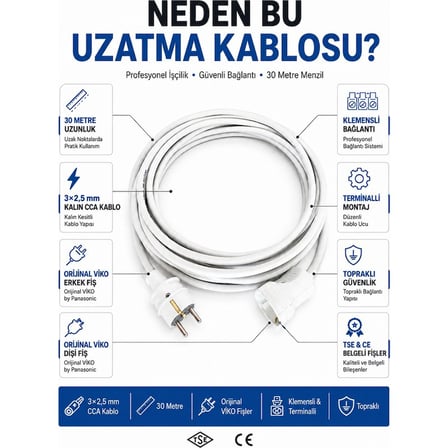 Viko Seyyar Uzatma Kablosu 30 Metre 3x2.5 mm CCA Kablo Beyaz Topraklı
