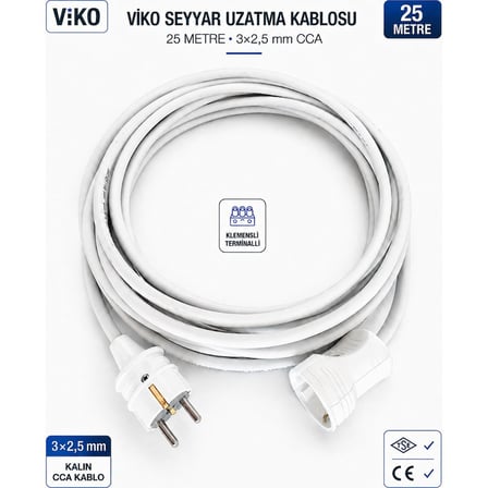 Viko Seyyar Uzatma Kablosu 25 Metre 3x2.5 mm CCA Beyaz Topraklı Klemensli