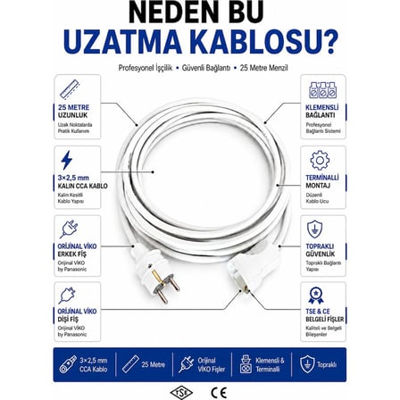 Viko Seyyar Uzatma Kablosu 25 Metre 3x2.5 mm CCA Beyaz Topraklı Klemensli