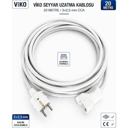 Viko Seyyar Uzatma Kablosu 20 Metre 3x2.5 mm CCA Kablo Beyaz Topraklı Klemensli Terminalli
