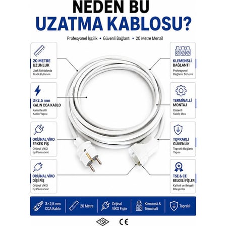 Viko Seyyar Uzatma Kablosu 20 Metre 3x2.5 mm CCA Kablo Beyaz Topraklı Klemensli Terminalli