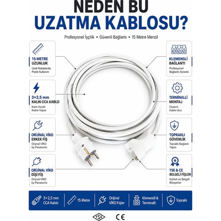 Viko Seyyar Uzatma Kablosu 15 Metre 3x2.5 mm CCA Kablo Topraklı Beyaz