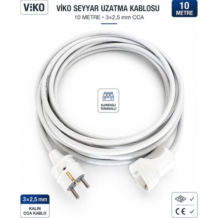 Viko Seyyar Uzatma Kablosu 10 Metre 3x2.5 mm CCA Beyaz Topraklı