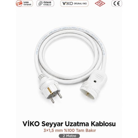 Viko Seyyar Uzatma Kablosu 2 Metre 3x1.5 mm %100 Bakır Beyaz Topraklı