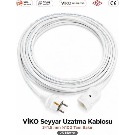 Viko Seyyar Uzatma Kablosu 25 Metre 3x1.5 mm %100 Tam Bakır Beyaz Topraklı
