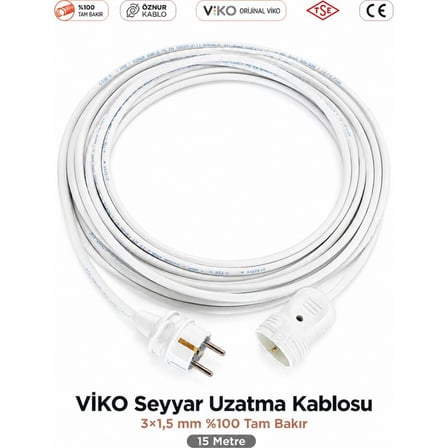 Viko Uzatma Kablosu 15 Metre 3x1.5 mm %100 Tam Bakır Beyaz Topraklı