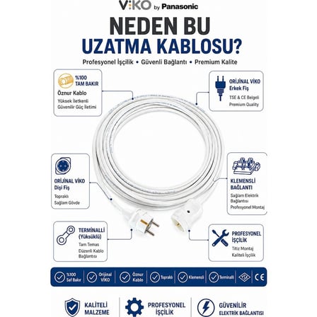 Viko Uzatma Kablosu 15 Metre 3x1.5 mm %100 Tam Bakır Beyaz Topraklı