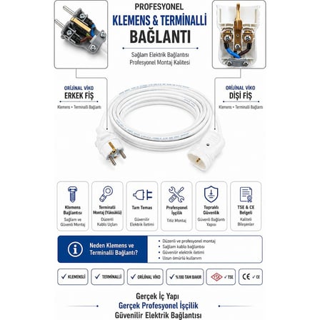 Viko Uzatma Kablosu 15 Metre 3x1.5 mm %100 Tam Bakır Beyaz Topraklı