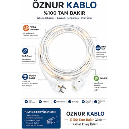Viko Uzatma Kablosu 15 Metre 3x1.5 mm %100 Tam Bakır Beyaz Topraklı