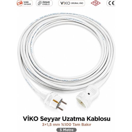 Viko Seyyar Uzatma Kablosu 5 Metre 3x1.5 mm Tam Bakır Topraklı Beyaz